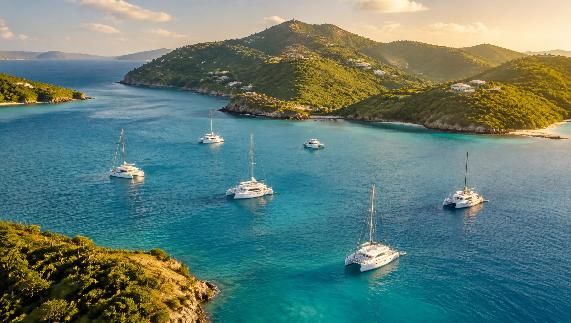 Aerial view of a British Virgin Islands anchorage with charter catamarans and yachts